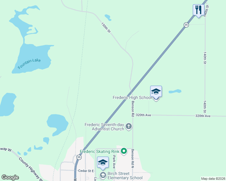 map of restaurants, bars, coffee shops, grocery stores, and more near 3207 Wisconsin 35 in Frederic