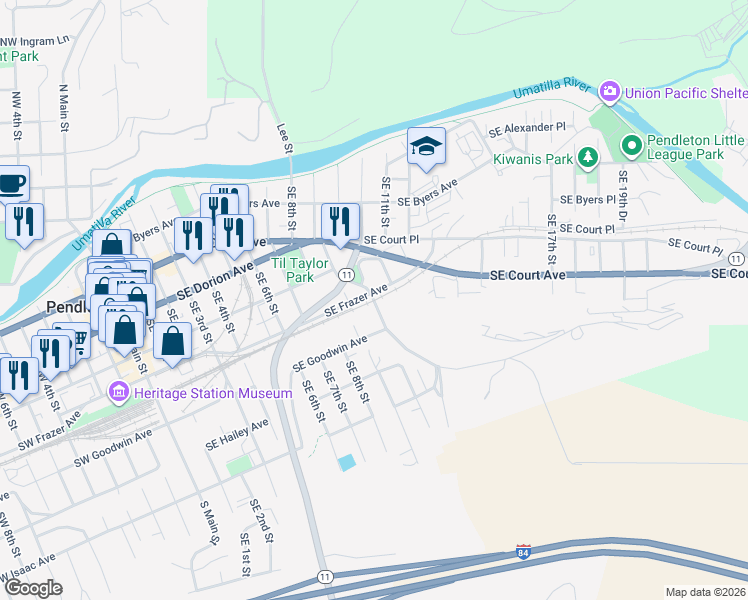 map of restaurants, bars, coffee shops, grocery stores, and more near Southeast 10th Street in Pendleton