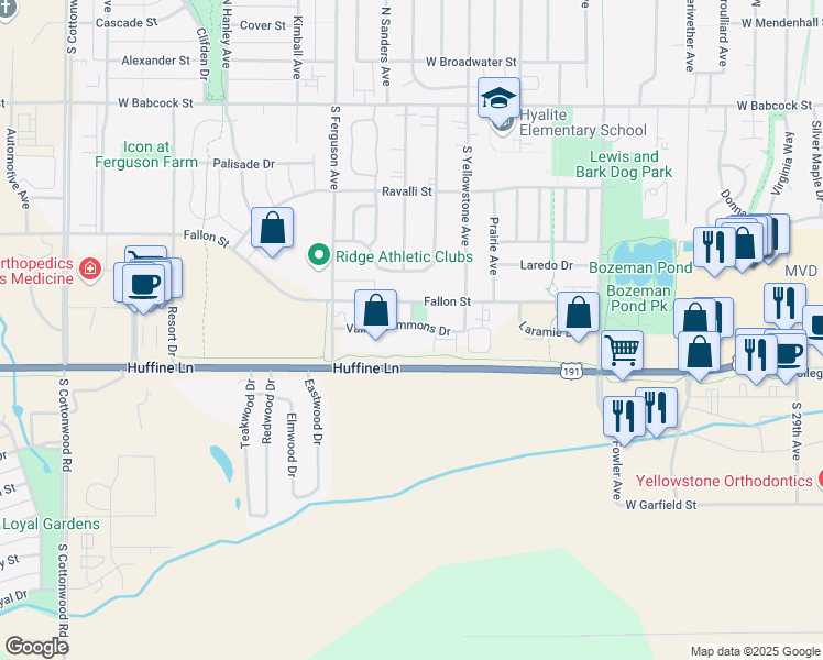 map of restaurants, bars, coffee shops, grocery stores, and more near 3800-3940 Valley Commons Dr in Bozeman