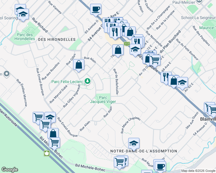 map of restaurants, bars, coffee shops, grocery stores, and more near 1021 Rue Alain in Blainville