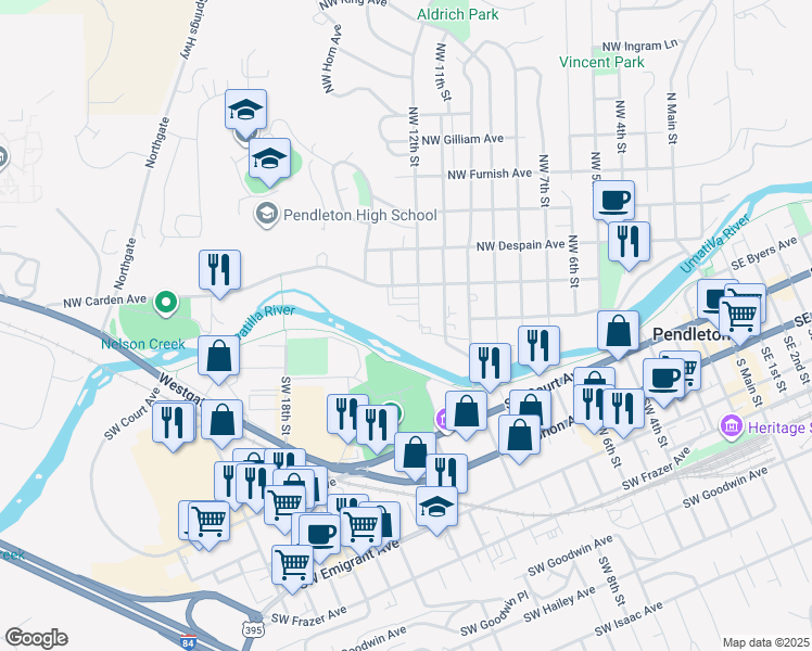 map of restaurants, bars, coffee shops, grocery stores, and more near 27 Northwest 12th Street in Pendleton