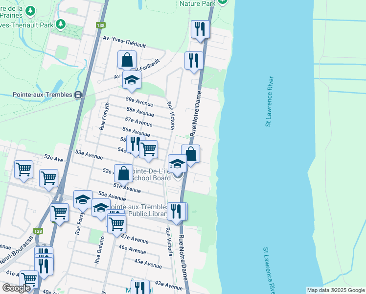 map of restaurants, bars, coffee shops, grocery stores, and more near 510 56e Avenue in Montréal