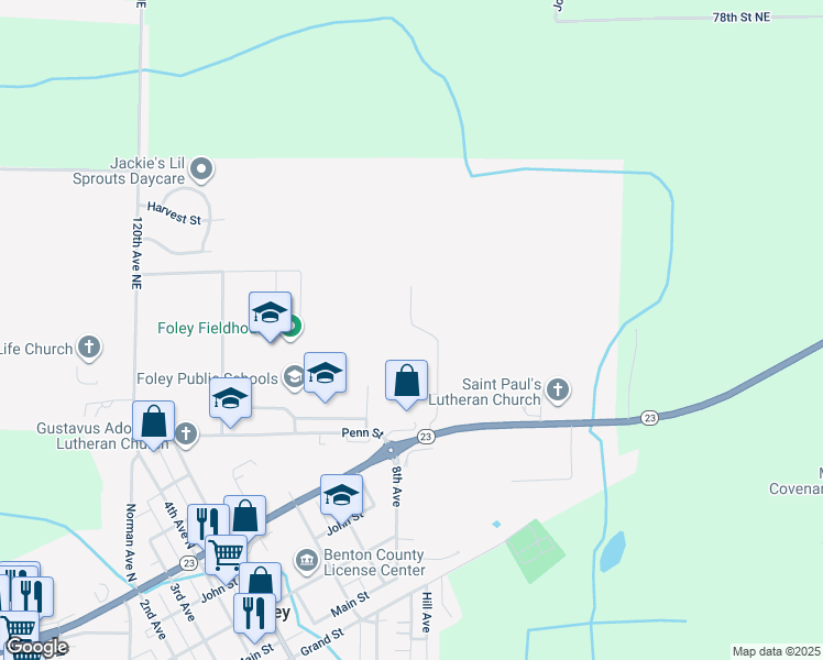 map of restaurants, bars, coffee shops, grocery stores, and more near 915 9th Avenue in Foley