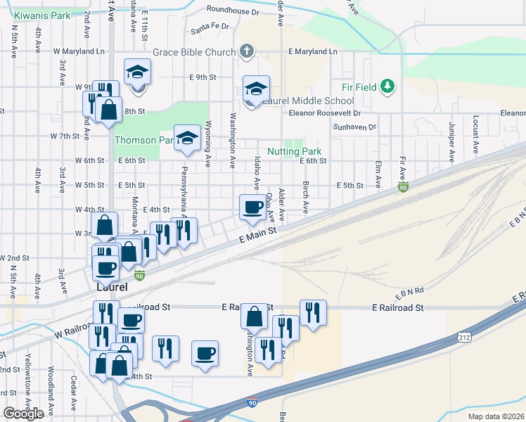 map of restaurants, bars, coffee shops, grocery stores, and more near 711 East Main Street in Laurel