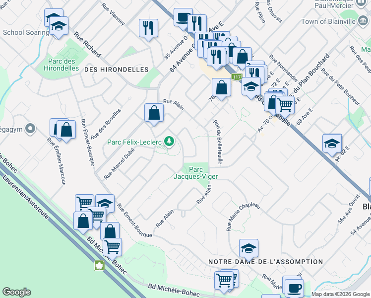 map of restaurants, bars, coffee shops, grocery stores, and more near 29 Rue Yves Thériault in Blainville