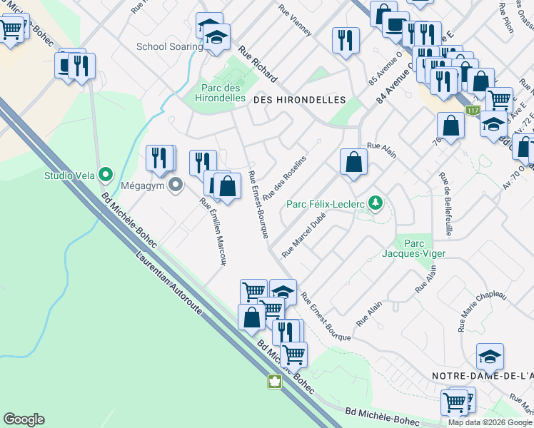 map of restaurants, bars, coffee shops, grocery stores, and more near 641 Rue Ernest-Bourque in Blainville