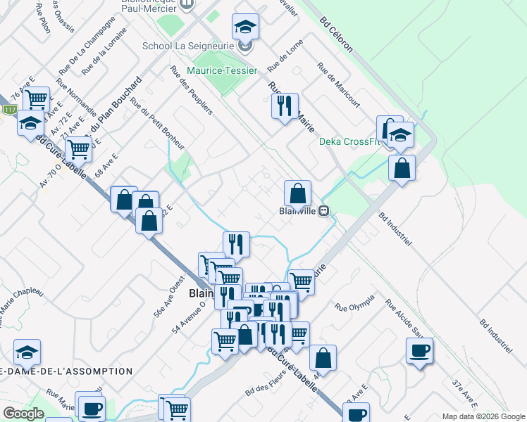 map of restaurants, bars, coffee shops, grocery stores, and more near 81 Rue Bruno-Dion in Blainville