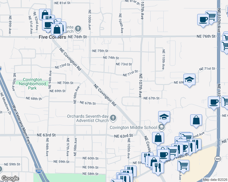 map of restaurants, bars, coffee shops, grocery stores, and more near 10205 Northeast 69th Street in Vancouver