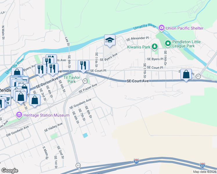 map of restaurants, bars, coffee shops, grocery stores, and more near 513 Southeast 12th Street in Pendleton