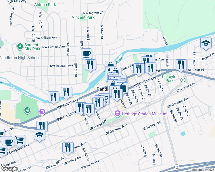 map of restaurants, bars, coffee shops, grocery stores, and more near in Pendleton