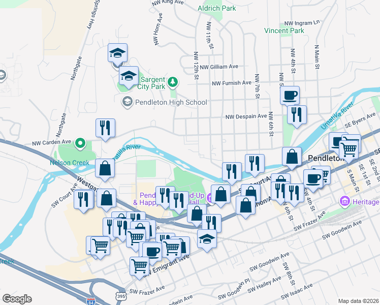 map of restaurants, bars, coffee shops, grocery stores, and more near 27 Northwest 12th Street in Pendleton