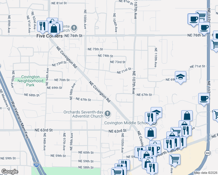 map of restaurants, bars, coffee shops, grocery stores, and more near 10205 Northeast 69th Street in Vancouver