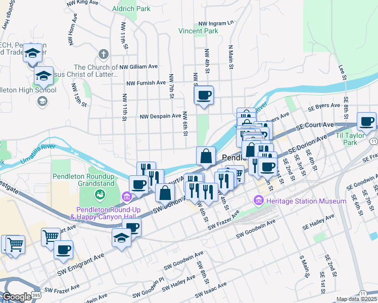 map of restaurants, bars, coffee shops, grocery stores, and more near 516 Northwest Bailey Avenue in Pendleton