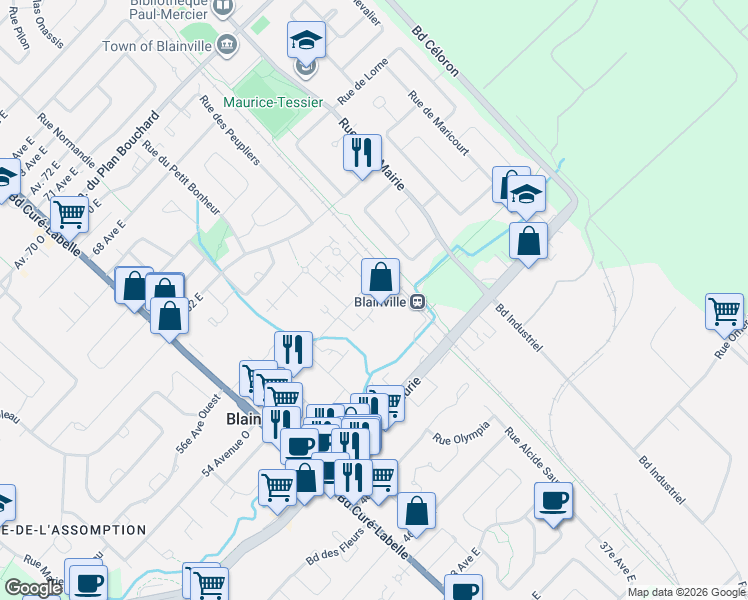 map of restaurants, bars, coffee shops, grocery stores, and more near 79 Rue Hubert-Aquin in Blainville