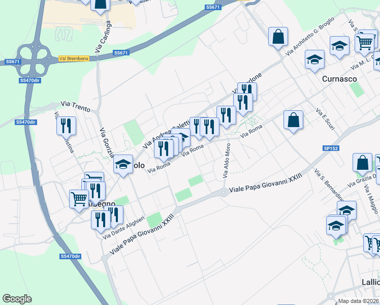 map of restaurants, bars, coffee shops, grocery stores, and more near 58 Via Roma in Treviolo
