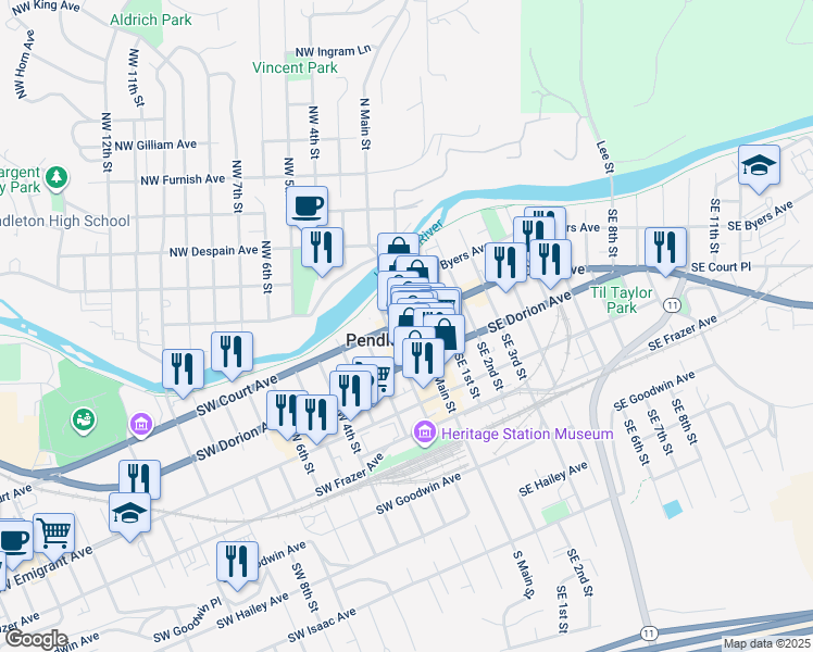map of restaurants, bars, coffee shops, grocery stores, and more near 203 South Main Street in Pendleton