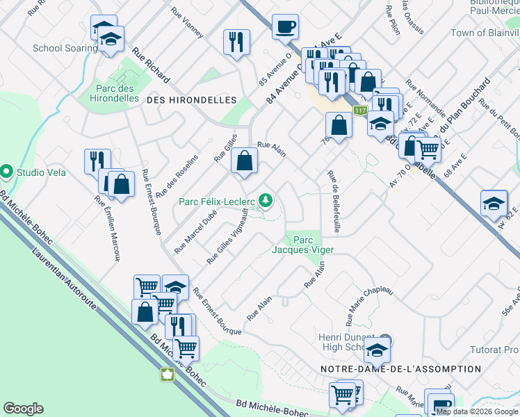 map of restaurants, bars, coffee shops, grocery stores, and more near 1084 Rue Gilles Vigneault in Blainville