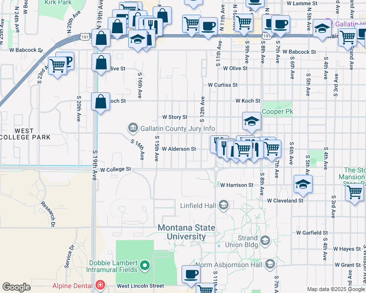 map of restaurants, bars, coffee shops, grocery stores, and more near 708 South 14th Avenue in Bozeman