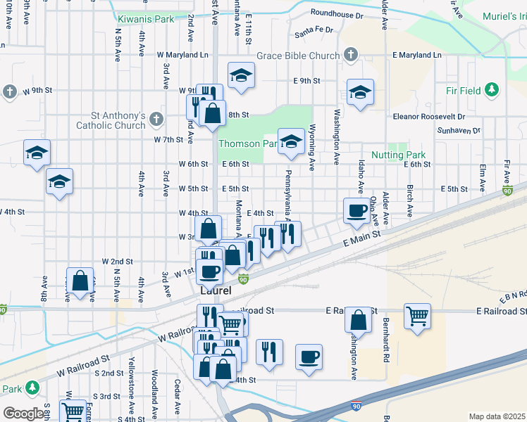 map of restaurants, bars, coffee shops, grocery stores, and more near 410 Colorado Avenue in Laurel