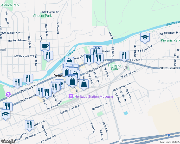 map of restaurants, bars, coffee shops, grocery stores, and more near 344 1/2 Southeast 3rd Street in Pendleton
