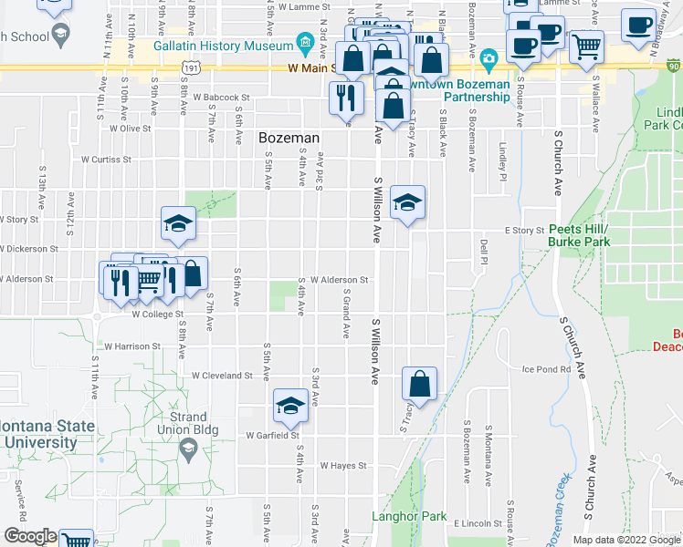 map of restaurants, bars, coffee shops, grocery stores, and more near 621 South Grand Avenue in Bozeman