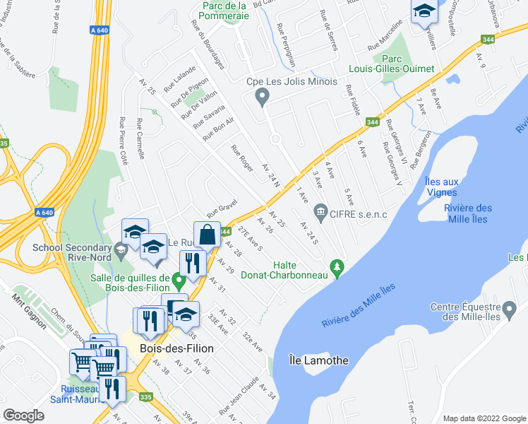 map of restaurants, bars, coffee shops, grocery stores, and more near in Bois-des-Filion