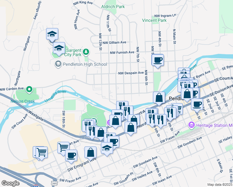 map of restaurants, bars, coffee shops, grocery stores, and more near 107 Northwest 10th Street in Pendleton