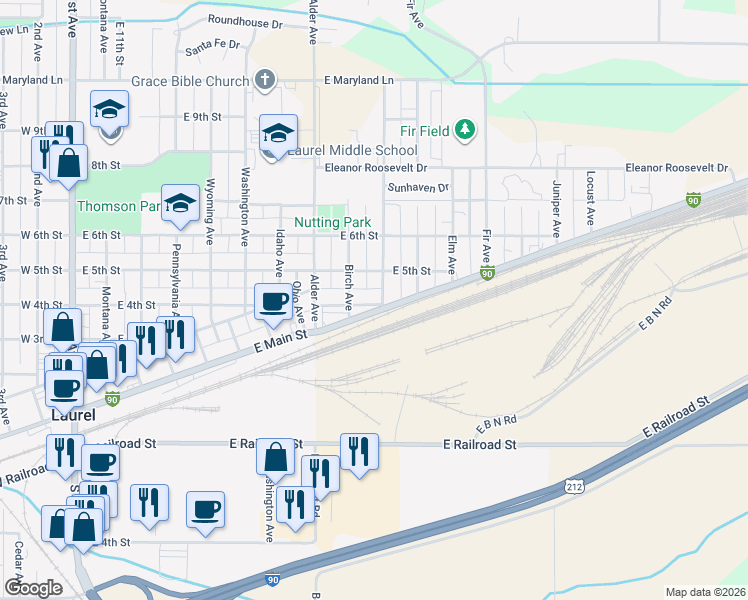 map of restaurants, bars, coffee shops, grocery stores, and more near 921 East Main Street in Laurel