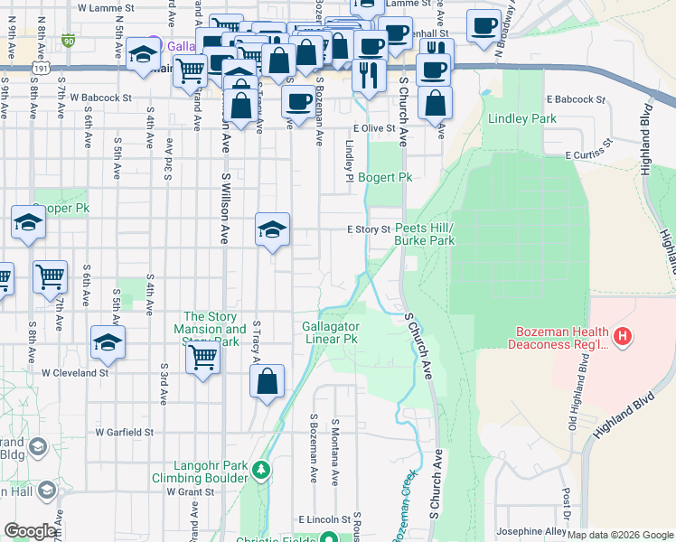 map of restaurants, bars, coffee shops, grocery stores, and more near 610 Dell Place in Bozeman