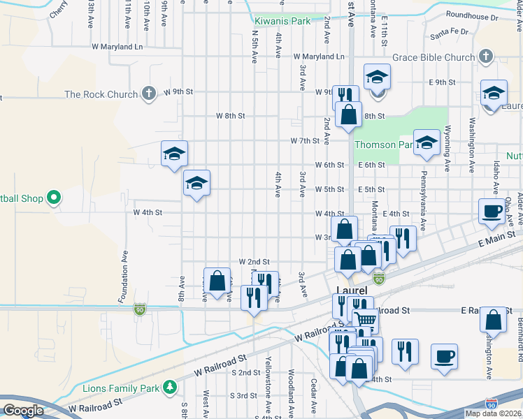 map of restaurants, bars, coffee shops, grocery stores, and more near 315 5th Avenue in Laurel