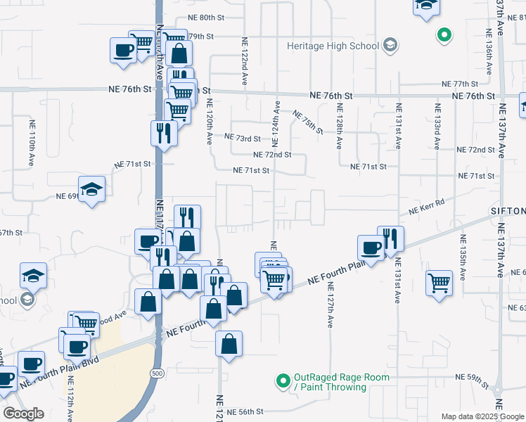 map of restaurants, bars, coffee shops, grocery stores, and more near 6900 Northeast 124th Avenue in Vancouver