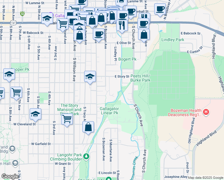 map of restaurants, bars, coffee shops, grocery stores, and more near 680 Dell Place in Bozeman