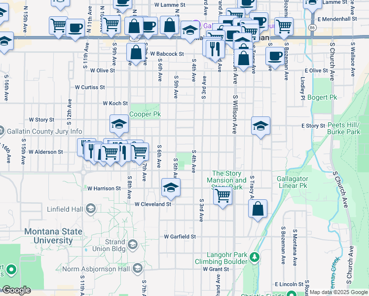 map of restaurants, bars, coffee shops, grocery stores, and more near 711 South 5th Avenue in Bozeman