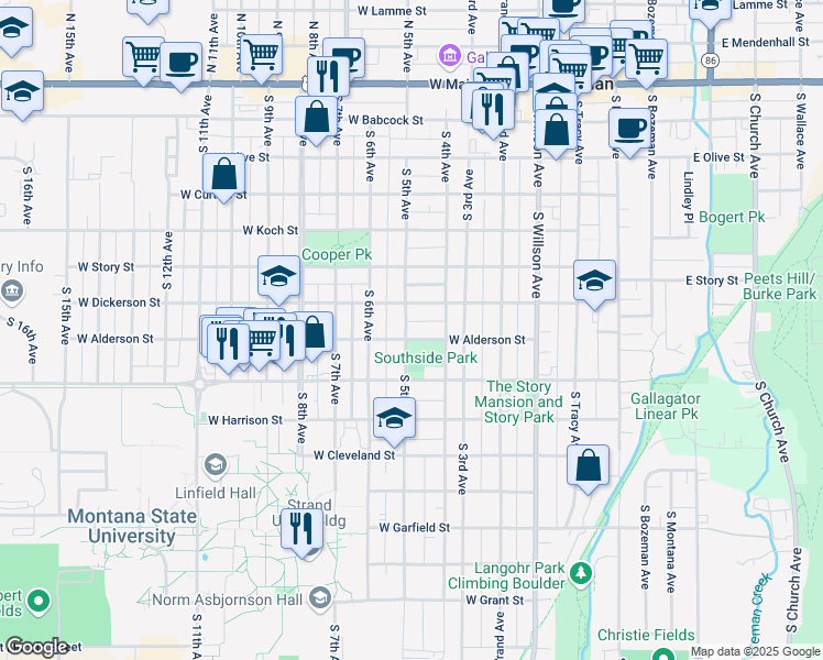map of restaurants, bars, coffee shops, grocery stores, and more near 711 South 5th Avenue in Bozeman