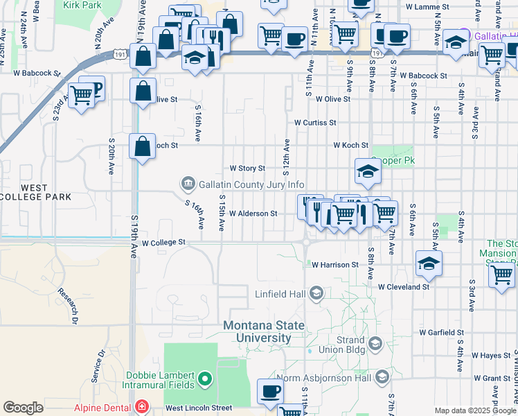 map of restaurants, bars, coffee shops, grocery stores, and more near 708 South 14th Avenue in Bozeman
