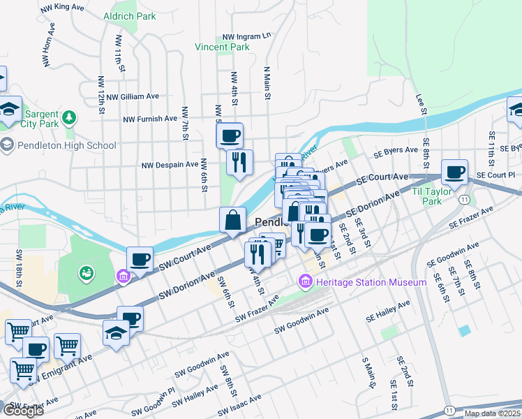 map of restaurants, bars, coffee shops, grocery stores, and more near 201 Southwest Court Avenue in Pendleton