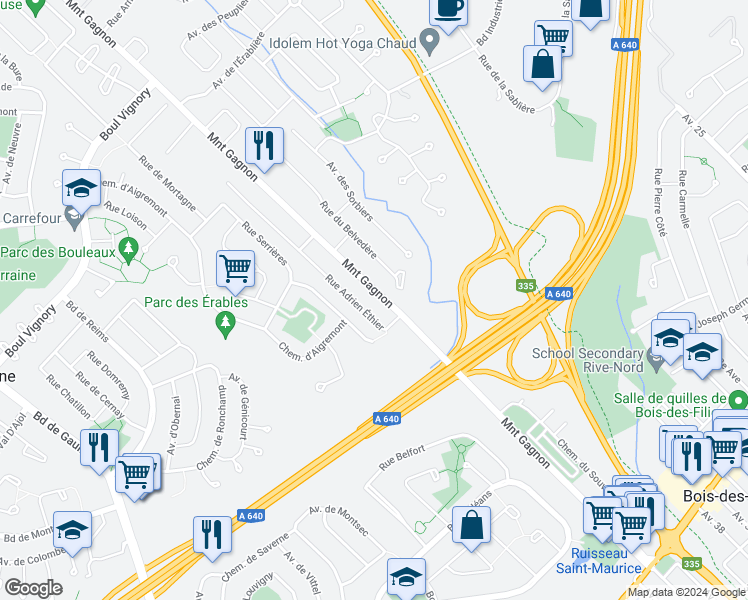 map of restaurants, bars, coffee shops, grocery stores, and more near 222 Montée Gagnon in Bois-des-Filion