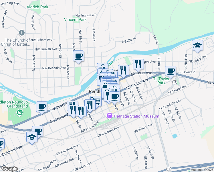 map of restaurants, bars, coffee shops, grocery stores, and more near 203 South Main Street in Pendleton