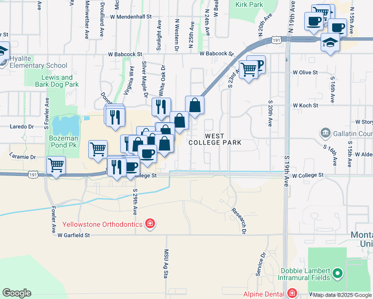map of restaurants, bars, coffee shops, grocery stores, and more near 689 Professional Drive in Bozeman