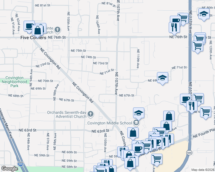 map of restaurants, bars, coffee shops, grocery stores, and more near 10506 Northeast 69th Circle in Vancouver