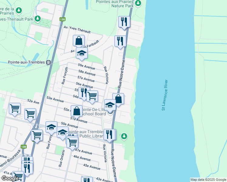 map of restaurants, bars, coffee shops, grocery stores, and more near 521 56e Avenue in Montréal