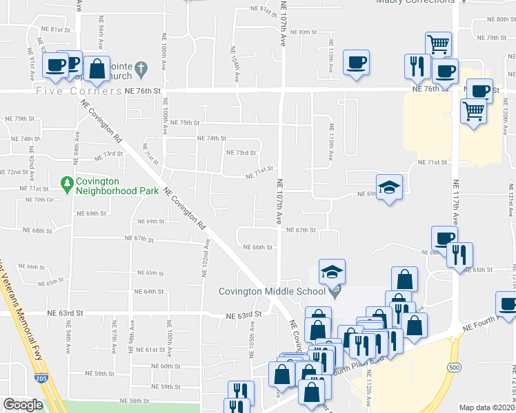 map of restaurants, bars, coffee shops, grocery stores, and more near 10506 Northeast 69th Circle in Vancouver