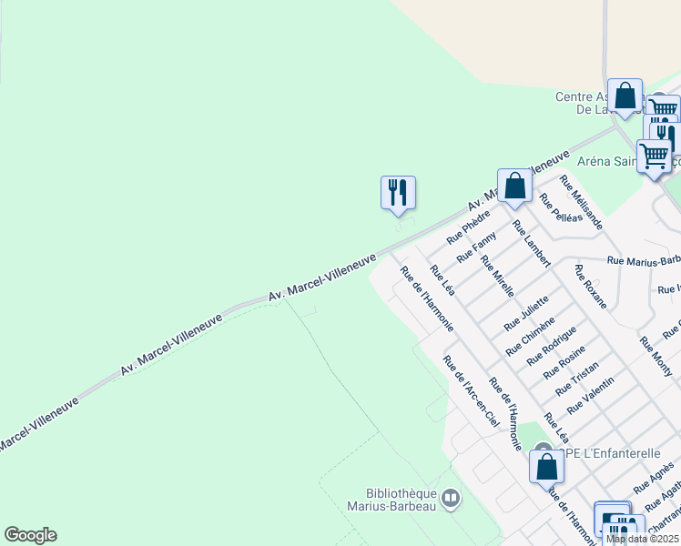 map of restaurants, bars, coffee shops, grocery stores, and more near 8028 Avenue Marcel Villeneuve in Laval