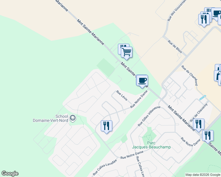 map of restaurants, bars, coffee shops, grocery stores, and more near 17470 Rue de Montcalm in Mirabel