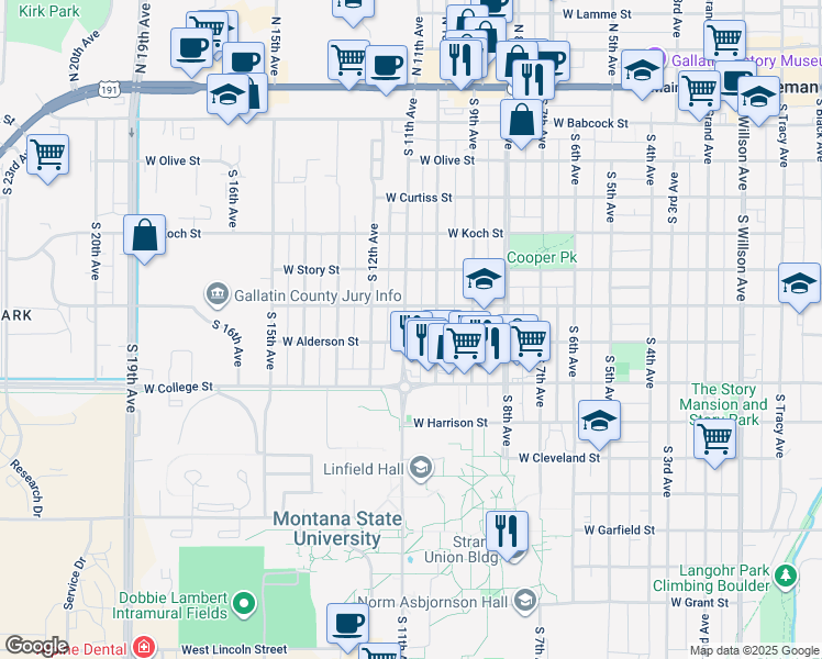 map of restaurants, bars, coffee shops, grocery stores, and more near 707 South 10th Avenue in Bozeman