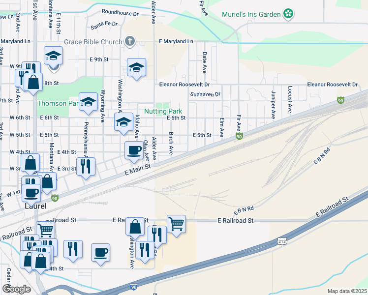 map of restaurants, bars, coffee shops, grocery stores, and more near 921 East Main Street in Laurel
