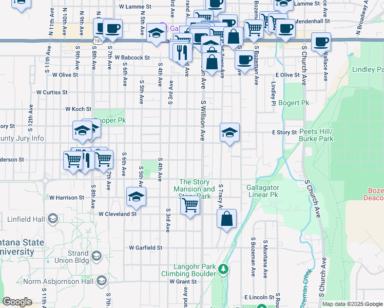 map of restaurants, bars, coffee shops, grocery stores, and more near 701 S Willson Ave in Bozeman