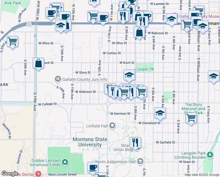 map of restaurants, bars, coffee shops, grocery stores, and more near 707 South 10th Avenue in Bozeman