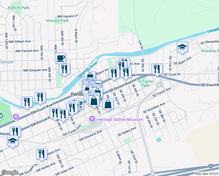 map of restaurants, bars, coffee shops, grocery stores, and more near 202 Southeast Dorion Avenue in Pendleton