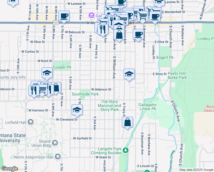 map of restaurants, bars, coffee shops, grocery stores, and more near 616 South Grand Avenue in Bozeman